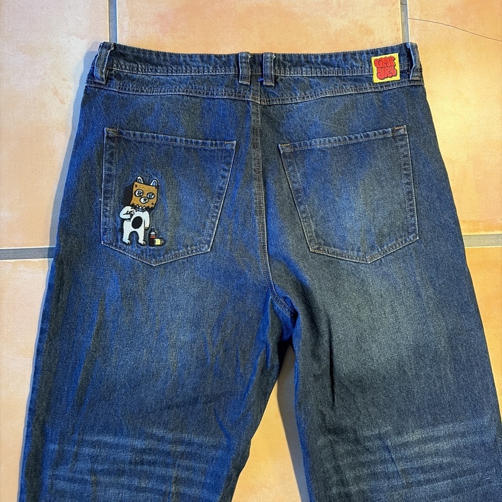 Empyre Vintage Baggy Denim Jeans Graffiti Cat Design Size 38x32 - Picture 1 of 16